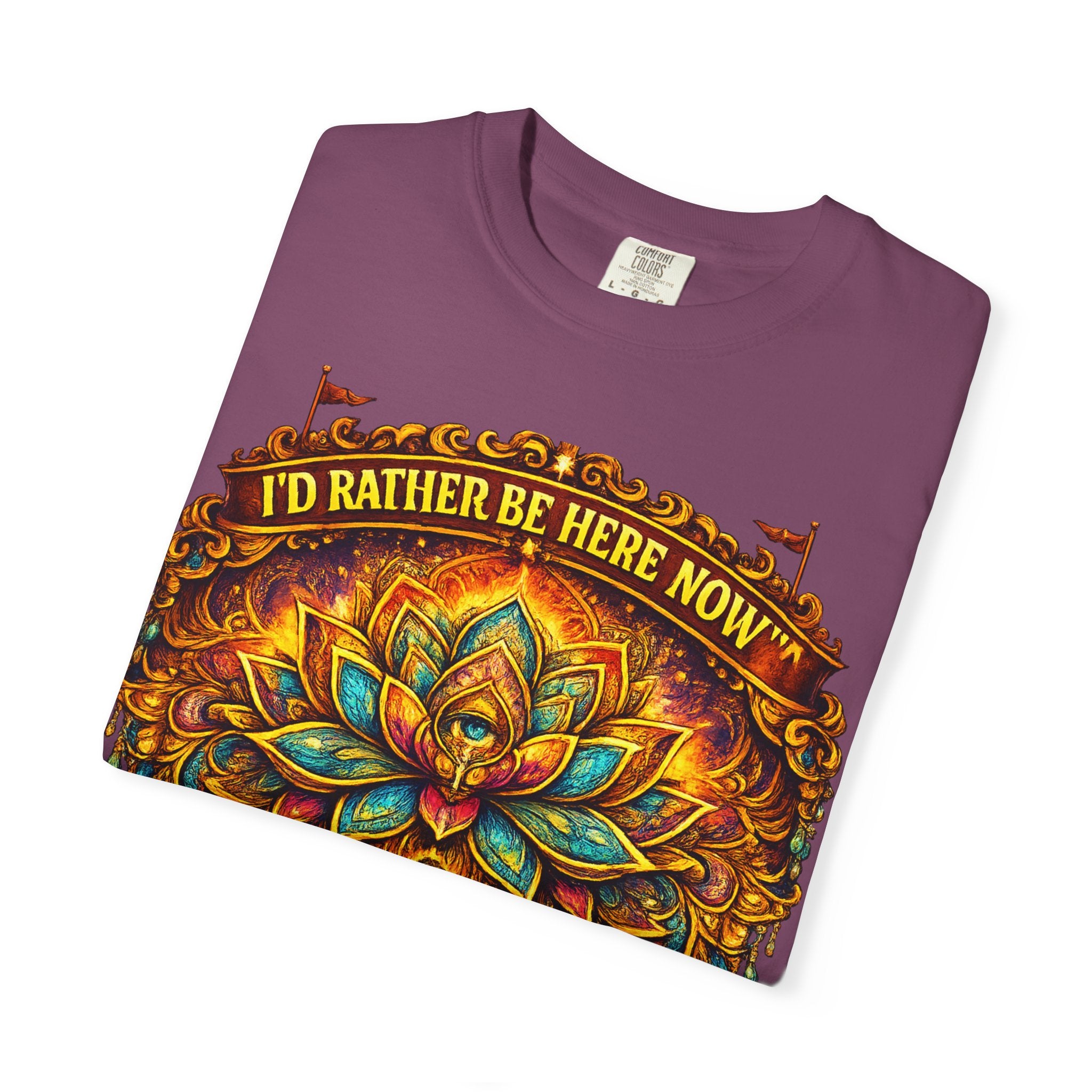 Buddha Lotus Mandala Tee — I’D RATHER BE HERE NOW™ A bold reminder to return to the present moment. This premium tee features a vibrant Buddha + Lotus Mandala design with full-front impact — created...