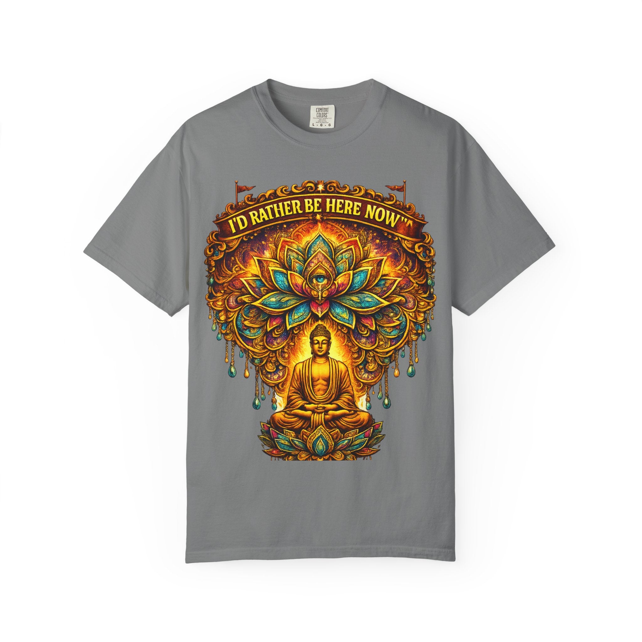Buddha Lotus Mandala Tee — I’D RATHER BE HERE NOW™ A bold reminder to return to the present moment. This premium tee features a vibrant Buddha + Lotus Mandala design with full-front impact — created...
