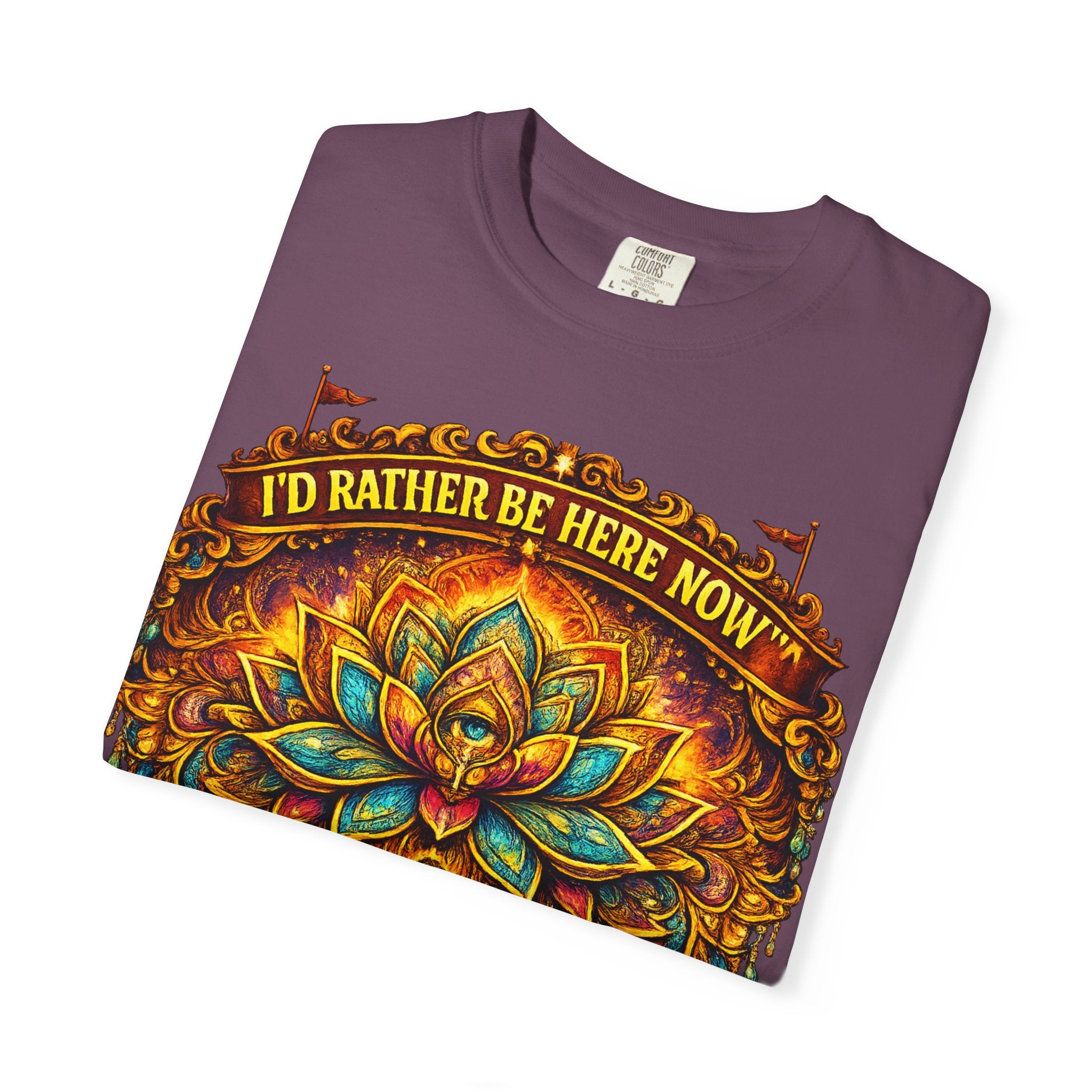 Buddha Lotus Mandala Tee — I’D RATHER BE HERE NOW™ A bold reminder to return to the present moment. This premium tee features a vibrant Buddha + Lotus Mandala design with full-front impact — created...