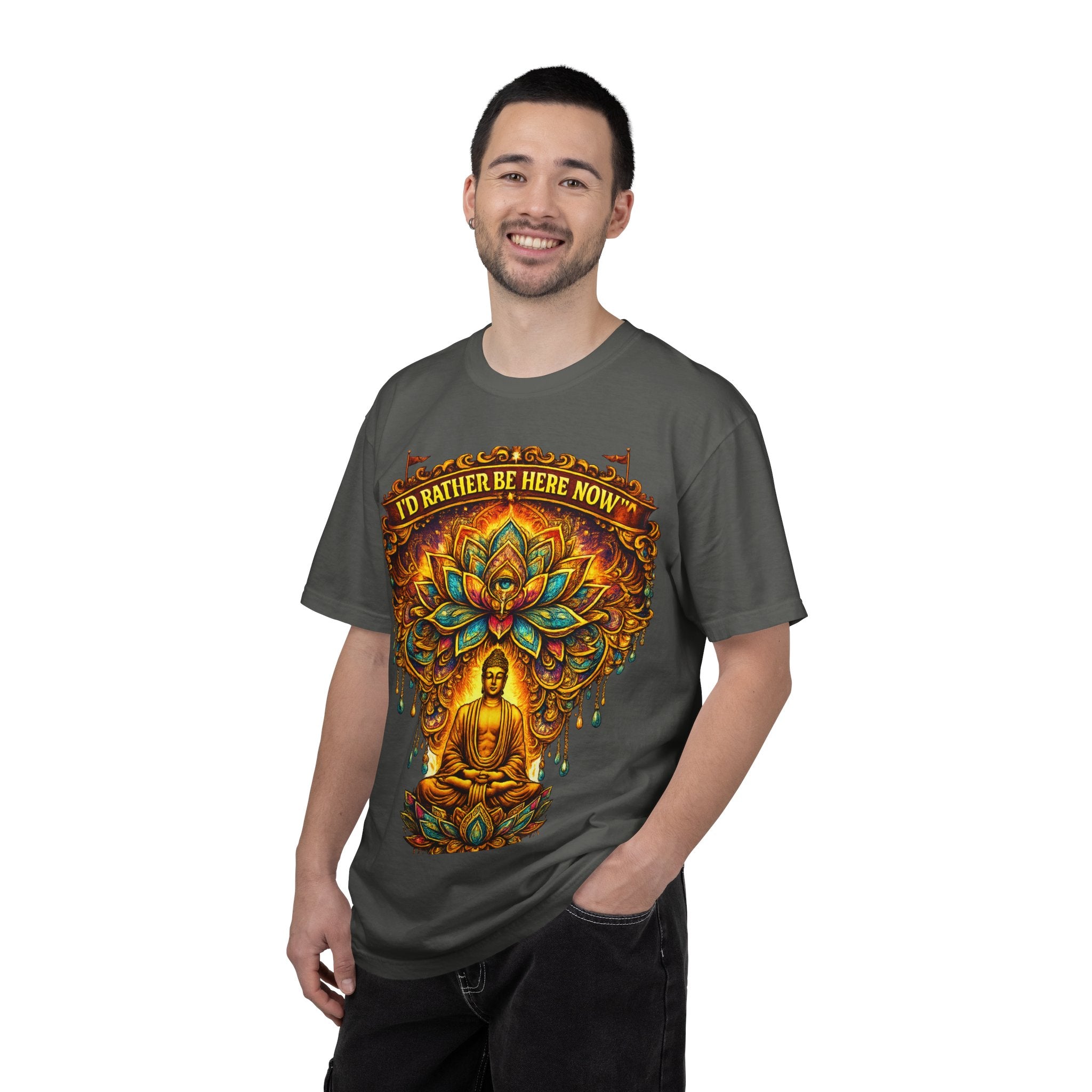 Buddha Lotus Mandala Tee — I’D RATHER BE HERE NOW™ A bold reminder to return to the present moment. This premium tee features a vibrant Buddha + Lotus Mandala design with full-front impact — created...