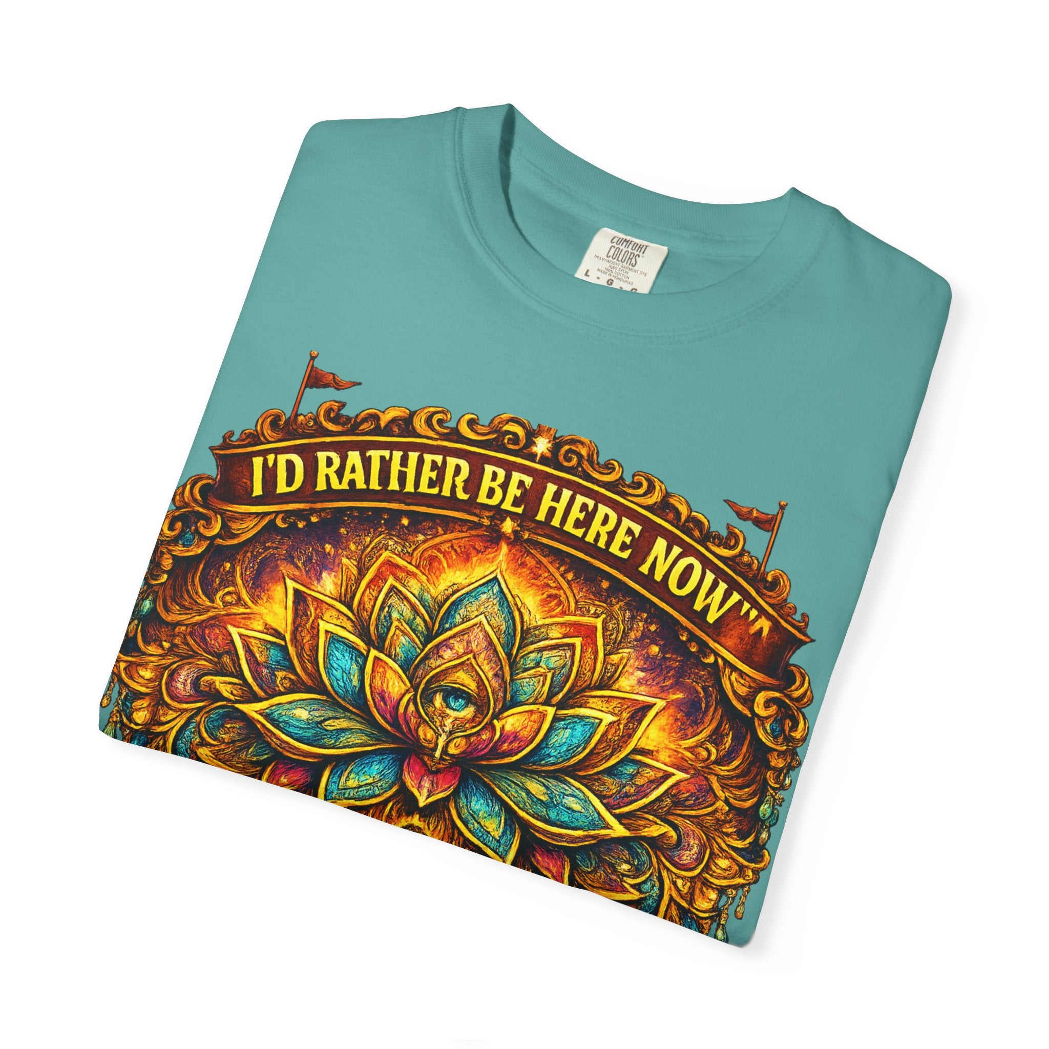 Buddha Lotus Mandala Tee — I’D RATHER BE HERE NOW™ A bold reminder to return to the present moment. This premium tee features a vibrant Buddha + Lotus Mandala design with full-front impact — created...