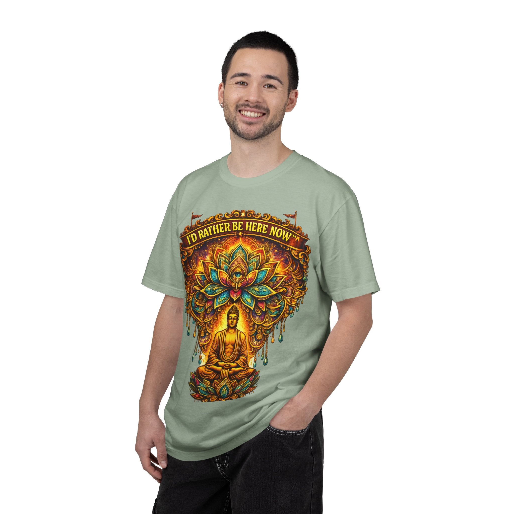 Buddha Lotus Mandala Tee — I’D RATHER BE HERE NOW™ A bold reminder to return to the present moment. This premium tee features a vibrant Buddha + Lotus Mandala design with full-front impact — created...