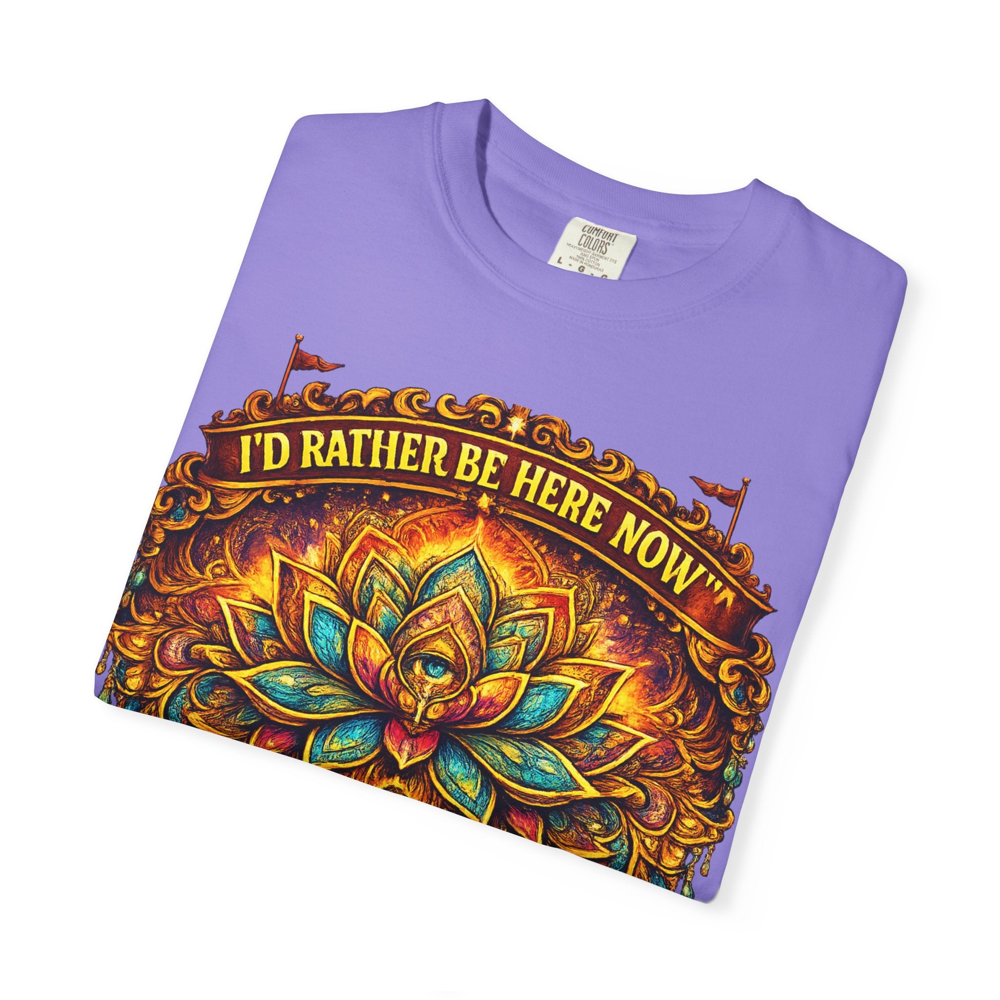 Buddha Lotus Mandala Tee — I’D RATHER BE HERE NOW™ A bold reminder to return to the present moment. This premium tee features a vibrant Buddha + Lotus Mandala design with full-front impact — created...