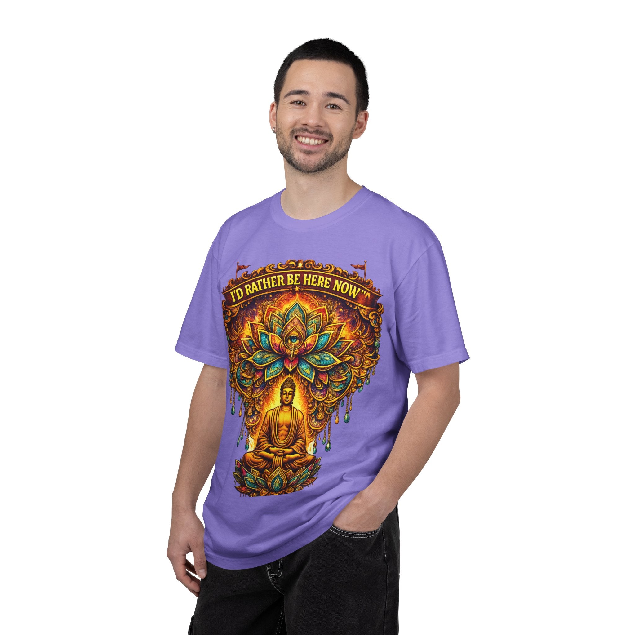 Buddha Lotus Mandala Tee — I’D RATHER BE HERE NOW™ A bold reminder to return to the present moment. This premium tee features a vibrant Buddha + Lotus Mandala design with full-front impact — created...