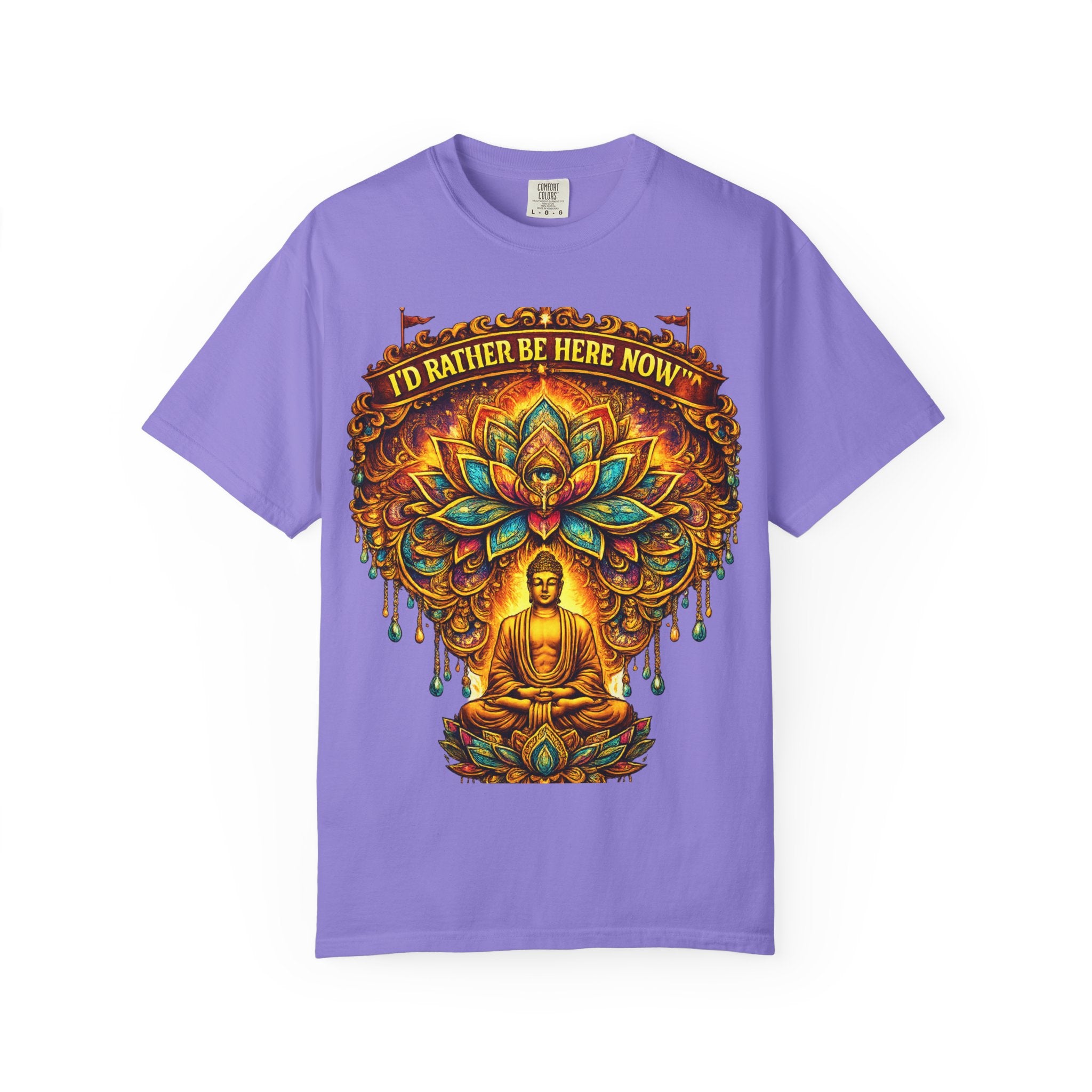 Buddha Lotus Mandala Tee — I’D RATHER BE HERE NOW™ A bold reminder to return to the present moment. This premium tee features a vibrant Buddha + Lotus Mandala design with full-front impact — created...