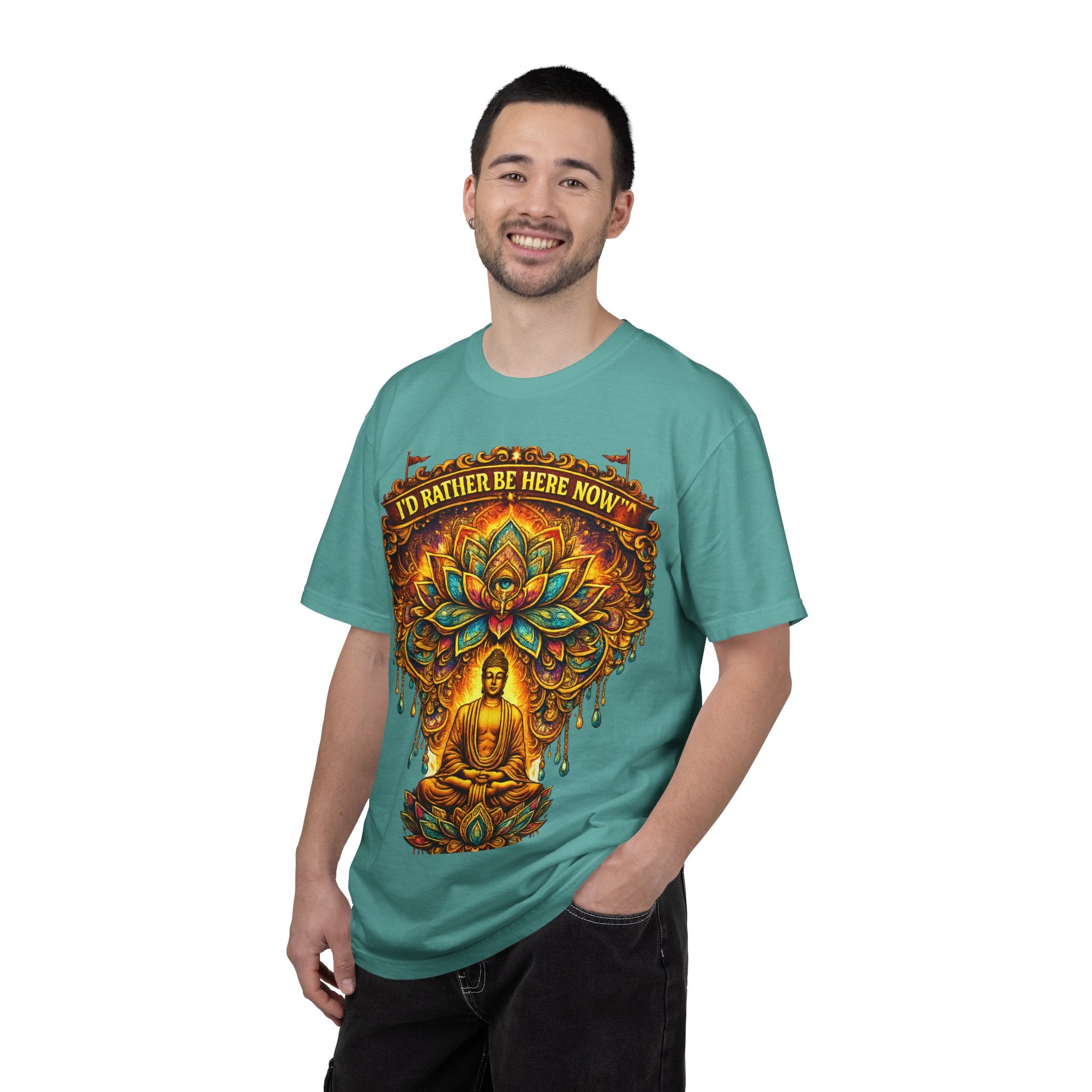 Buddha Lotus Mandala Tee — I’D RATHER BE HERE NOW™ A bold reminder to return to the present moment. This premium tee features a vibrant Buddha + Lotus Mandala design with full-front impact — created...