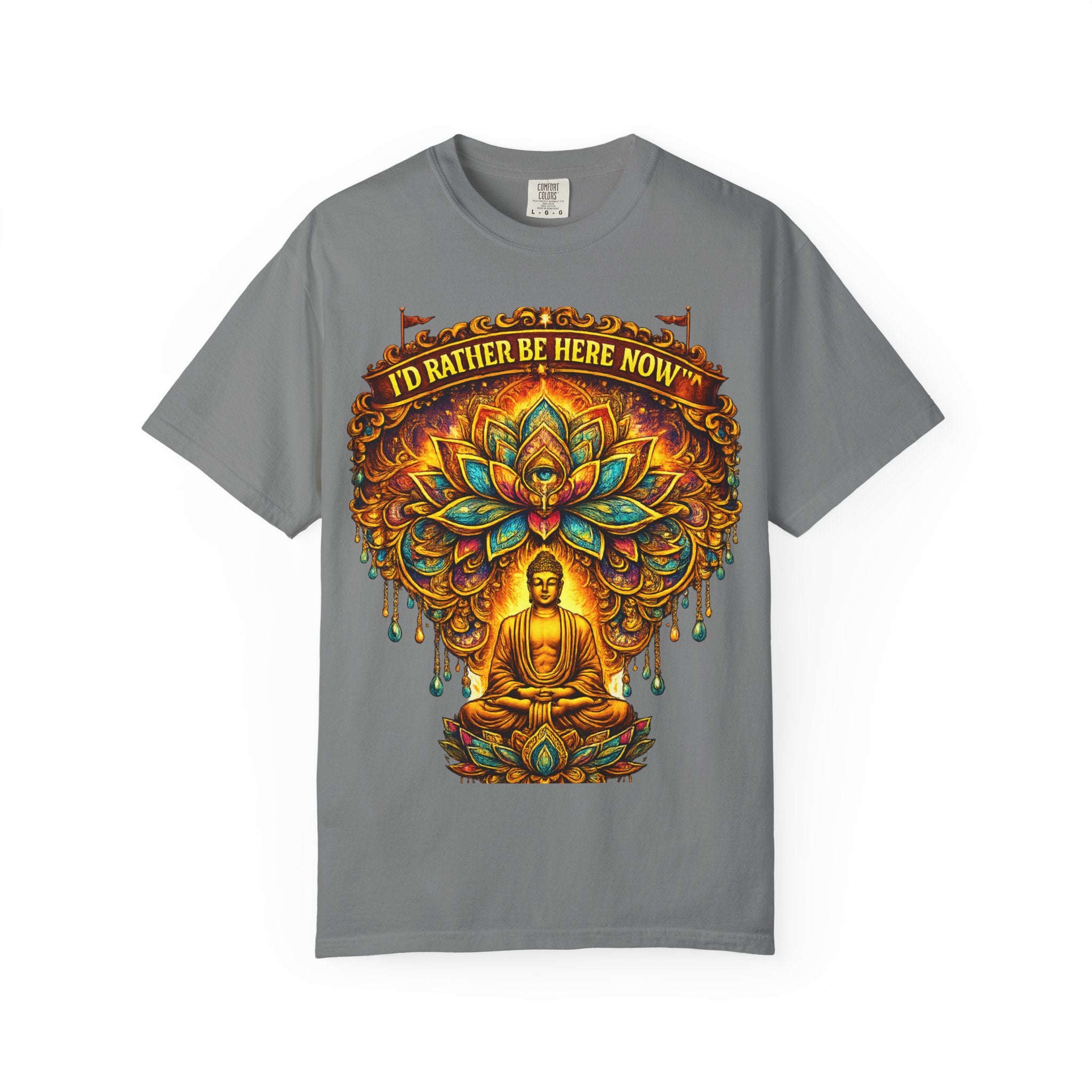 Buddha Lotus Mandala Tee — I’D RATHER BE HERE NOW™ A bold reminder to return to the present moment. This premium tee features a vibrant Buddha + Lotus Mandala design with full-front impact — created...