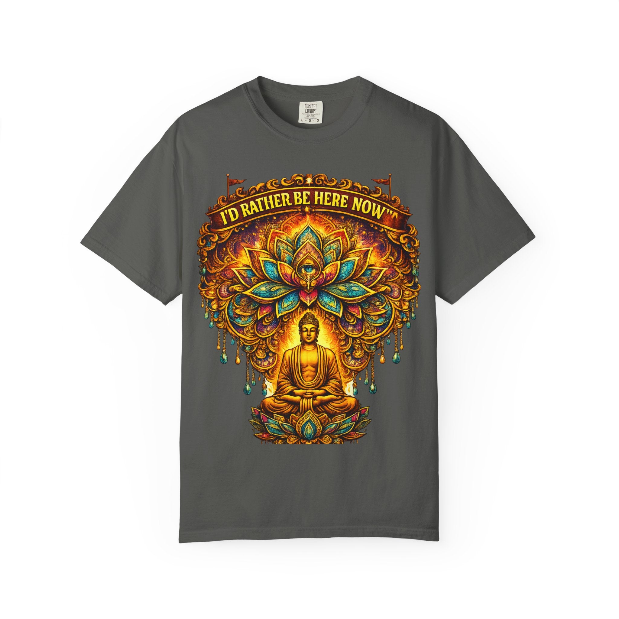 Buddha Lotus Mandala Tee — I’D RATHER BE HERE NOW™ A bold reminder to return to the present moment. This premium tee features a vibrant Buddha + Lotus Mandala design with full-front impact — created...