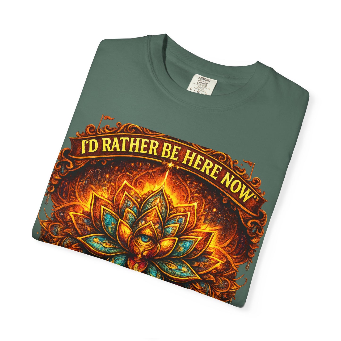 T-Shirt — 'I'd Rather Be Here Now' Floral Mandala Graphic Tee