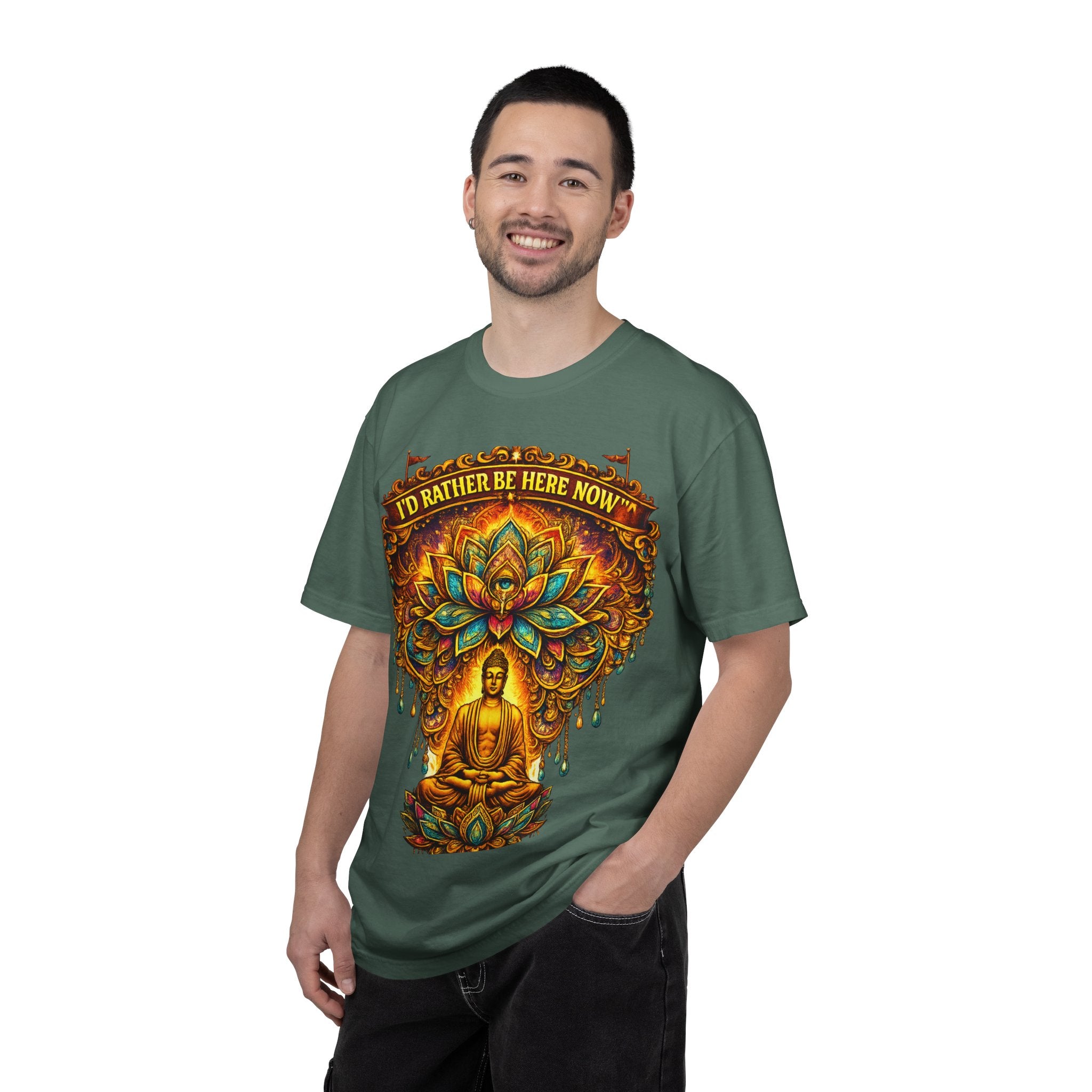 Buddha Lotus Mandala Tee — I’D RATHER BE HERE NOW™ A bold reminder to return to the present moment. This premium tee features a vibrant Buddha + Lotus Mandala design with full-front impact — created...