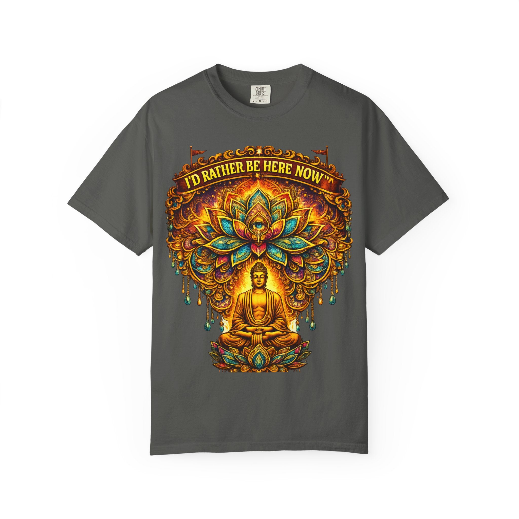 Buddha Lotus Mandala Tee — I’D RATHER BE HERE NOW™ A bold reminder to return to the present moment. This premium tee features a vibrant Buddha + Lotus Mandala design with full-front impact — created...