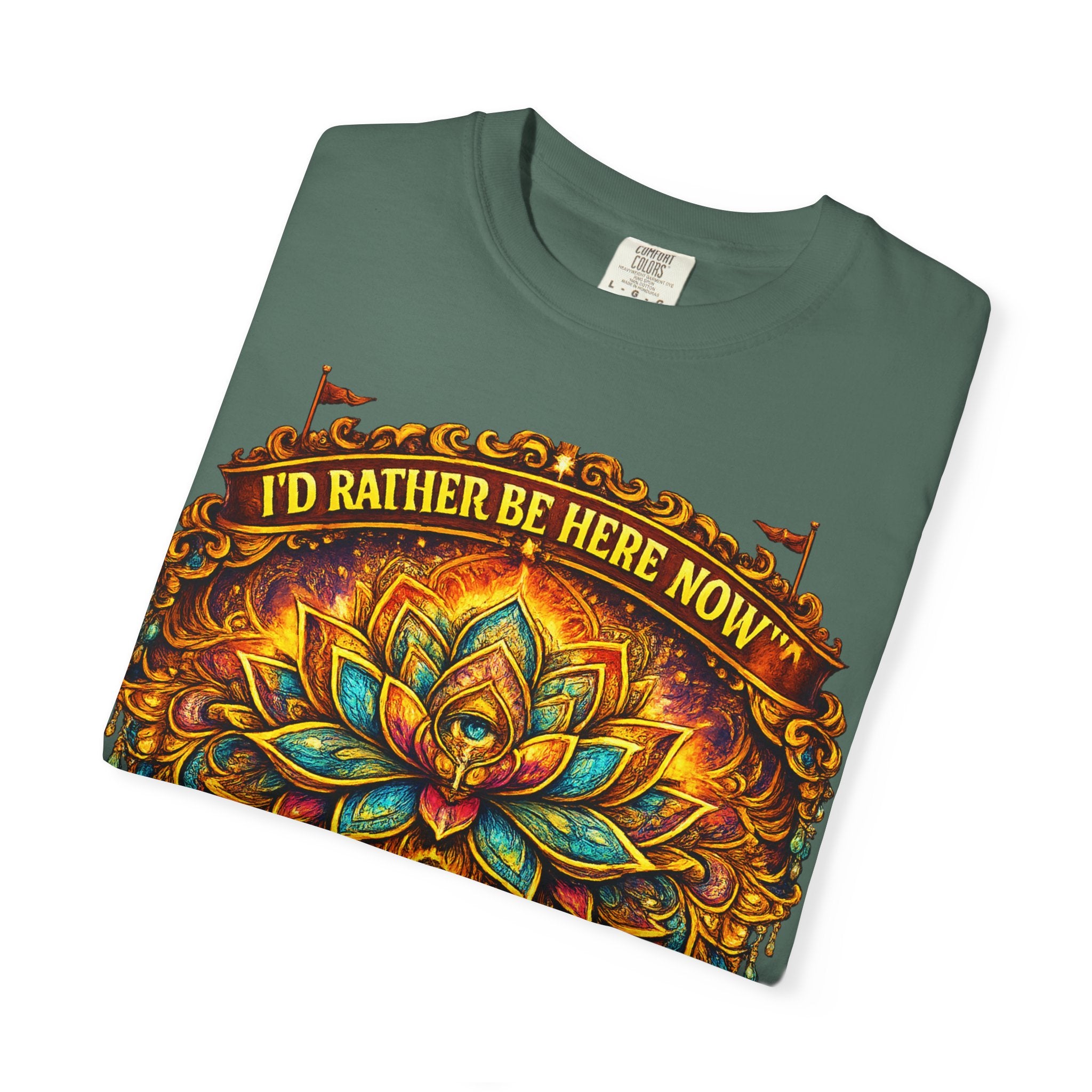 Buddha Lotus Mandala Tee — I’D RATHER BE HERE NOW™ A bold reminder to return to the present moment. This premium tee features a vibrant Buddha + Lotus Mandala design with full-front impact — created...