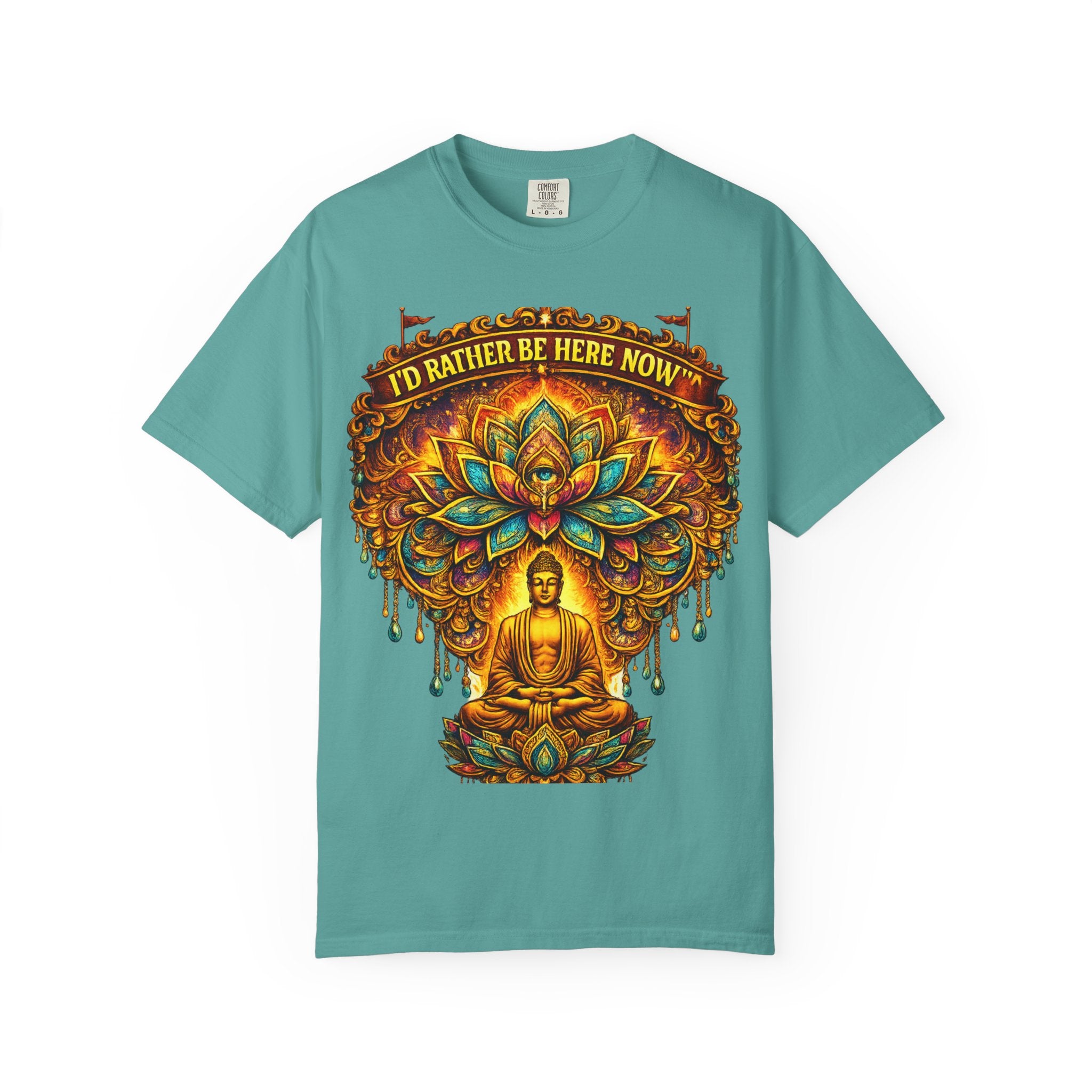 Buddha Lotus Mandala Tee — I’D RATHER BE HERE NOW™ A bold reminder to return to the present moment. This premium tee features a vibrant Buddha + Lotus Mandala design with full-front impact — created...