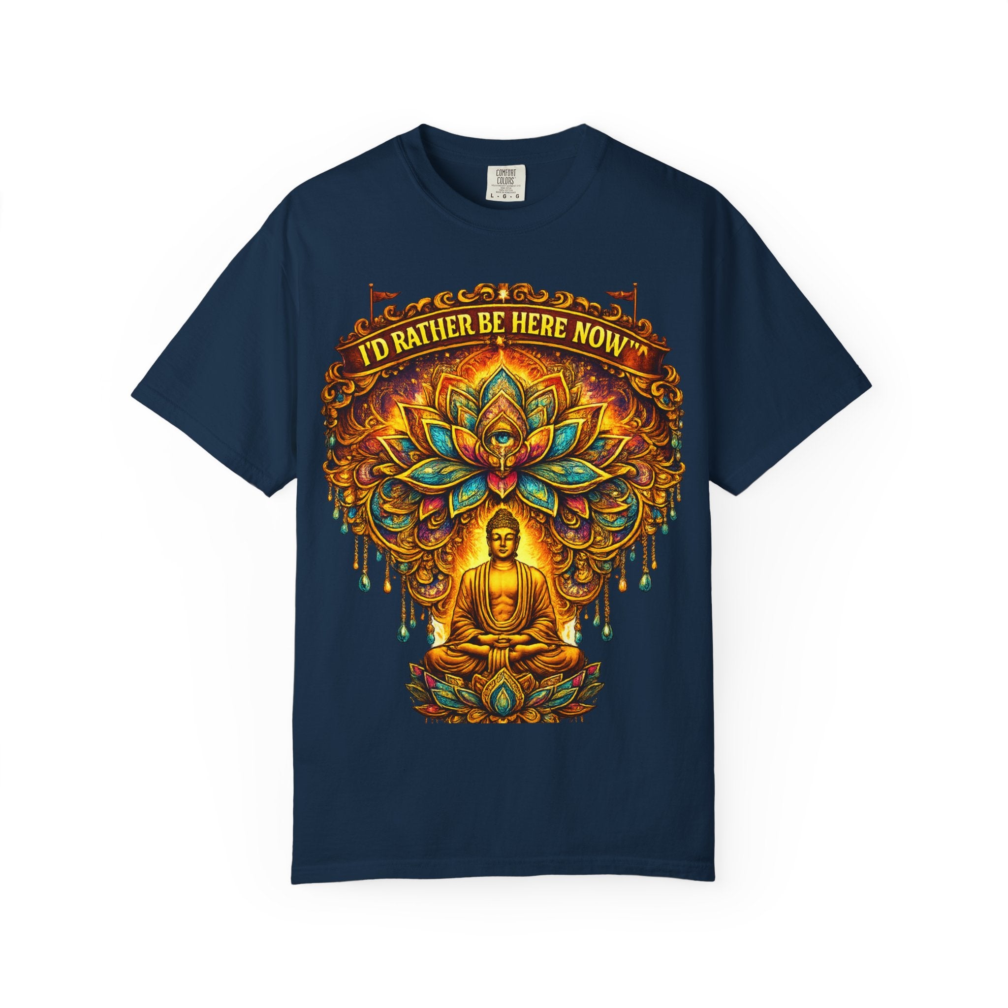 Buddha Lotus Mandala Tee — I’D RATHER BE HERE NOW™ A bold reminder to return to the present moment. This premium tee features a vibrant Buddha + Lotus Mandala design with full-front impact — created...
