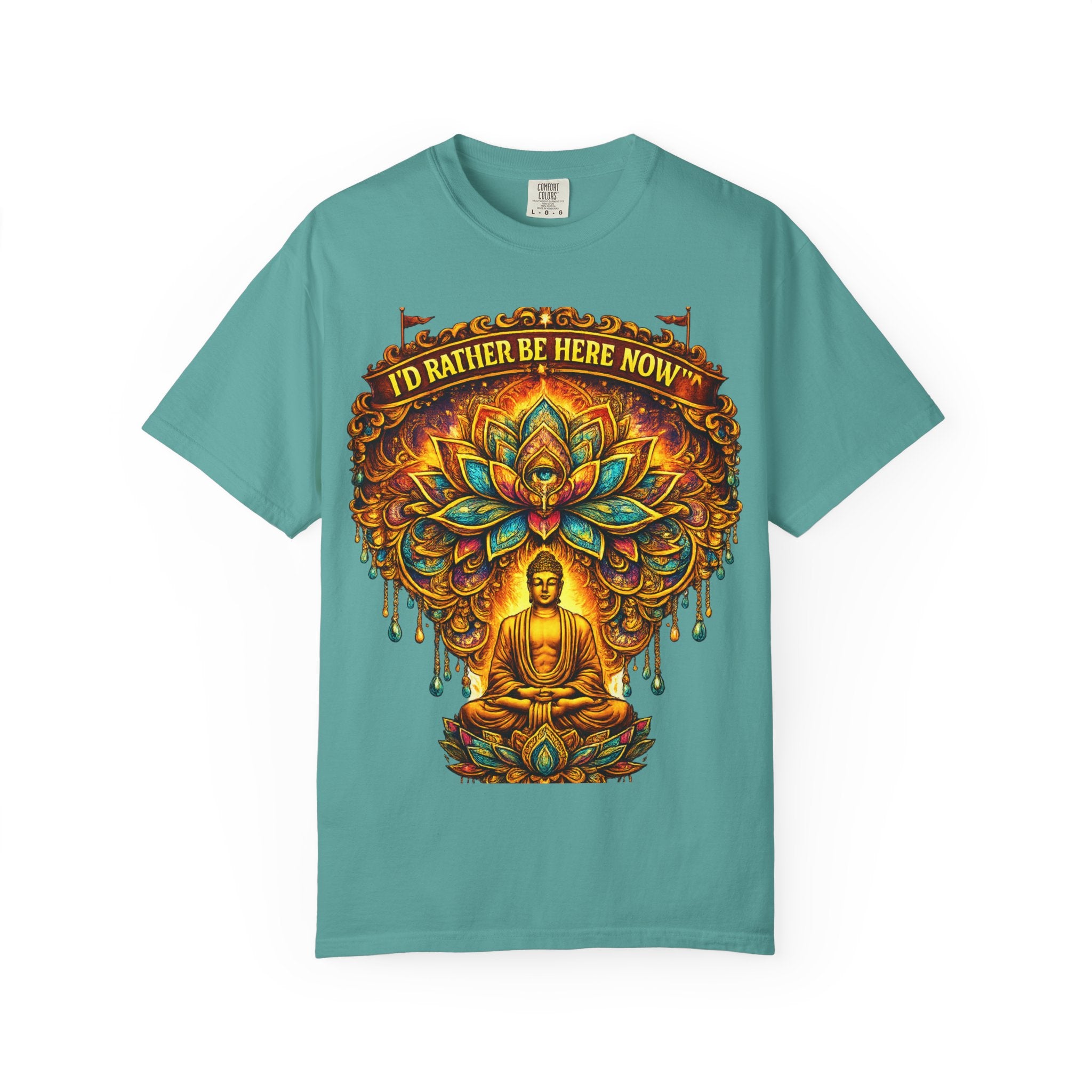 Buddha Lotus Mandala Tee — I’D RATHER BE HERE NOW™ A bold reminder to return to the present moment. This premium tee features a vibrant Buddha + Lotus Mandala design with full-front impact — created...