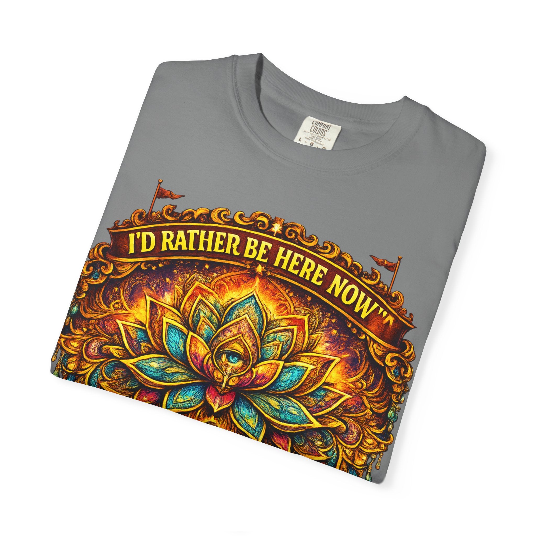 Buddha Lotus Mandala Tee — I’D RATHER BE HERE NOW™ A bold reminder to return to the present moment. This premium tee features a vibrant Buddha + Lotus Mandala design with full-front impact — created...