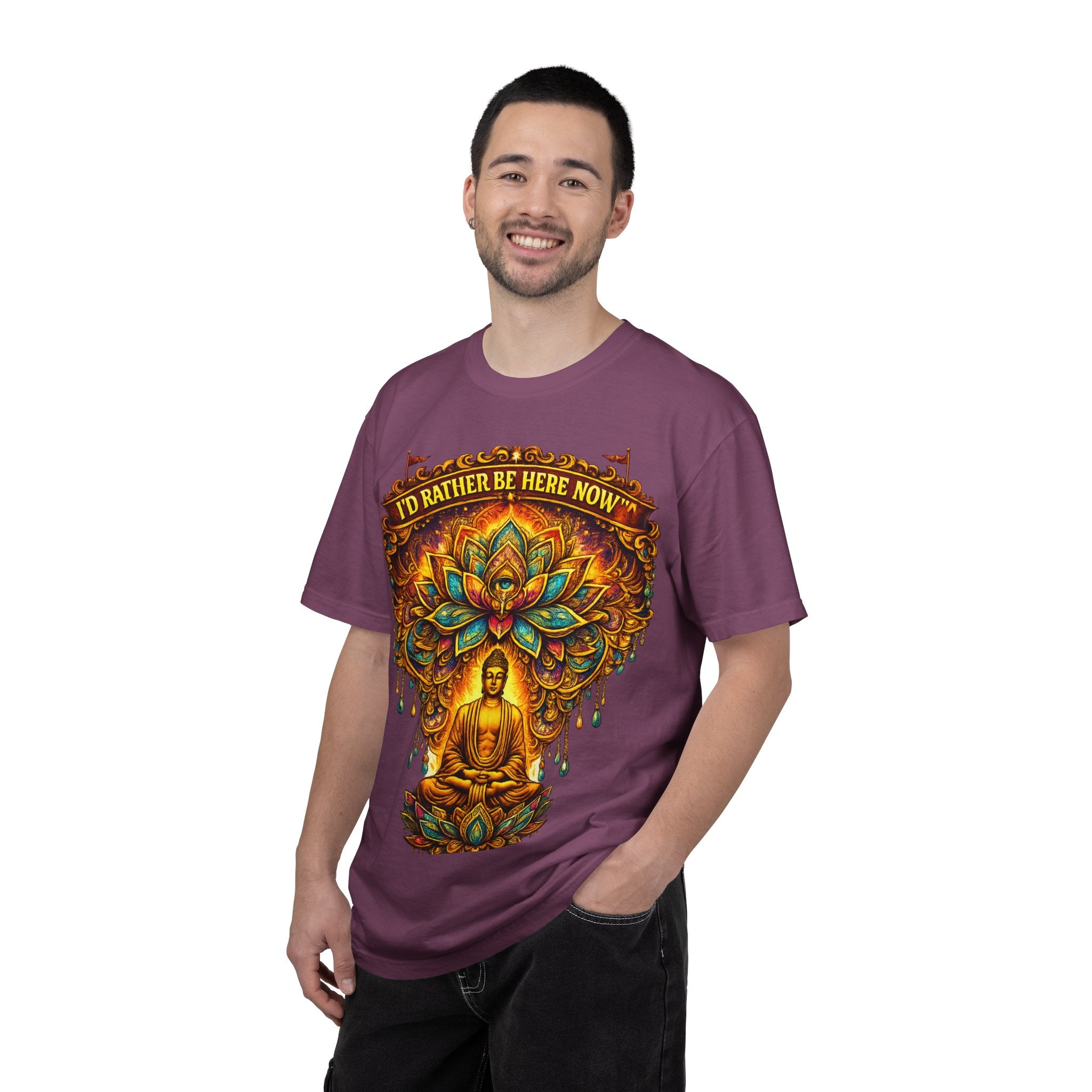 Buddha Lotus Mandala Tee — I’D RATHER BE HERE NOW™ A bold reminder to return to the present moment. This premium tee features a vibrant Buddha + Lotus Mandala design with full-front impact — created...
