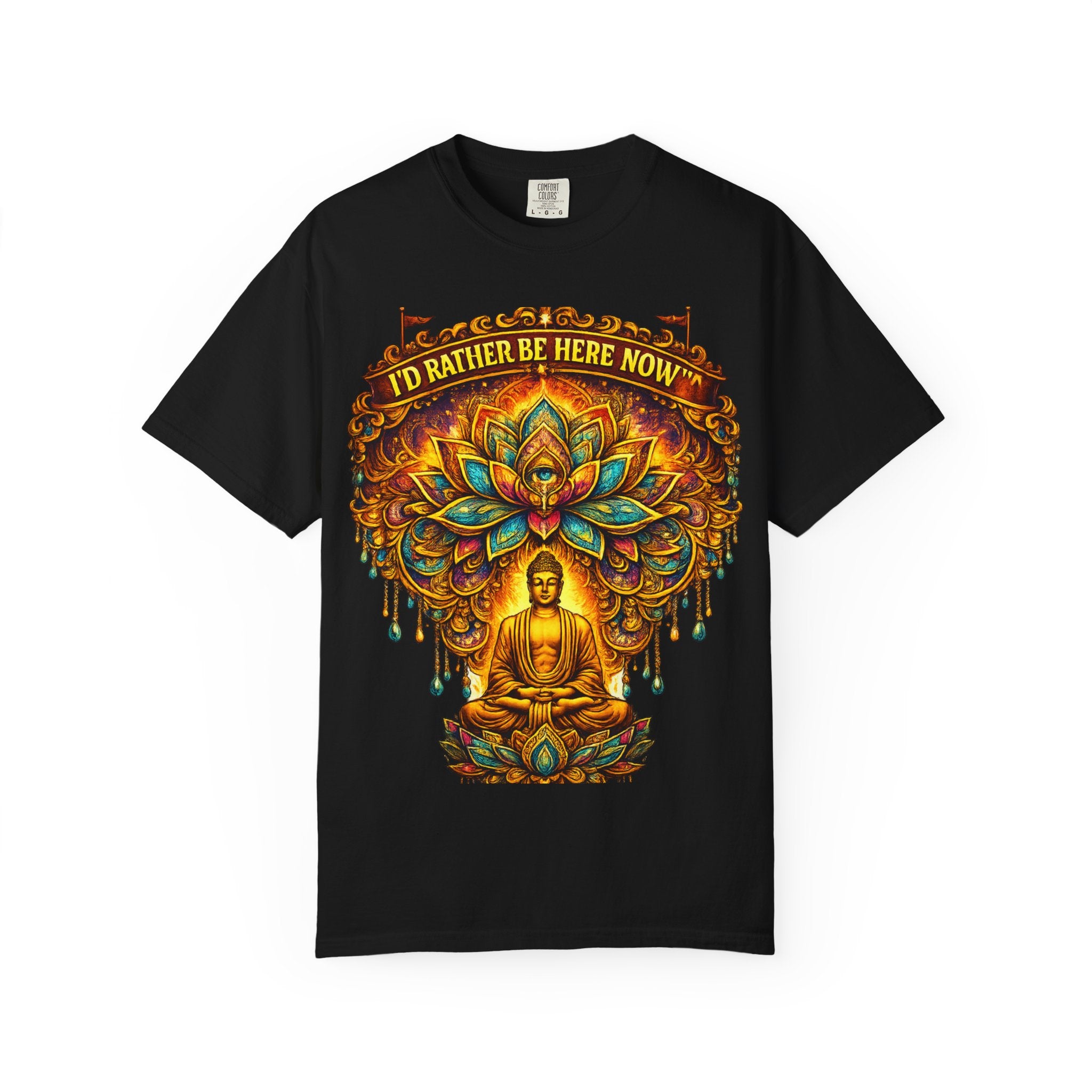 Buddha Lotus Mandala Tee — I’D RATHER BE HERE NOW™ A bold reminder to return to the present moment. This premium tee features a vibrant Buddha + Lotus Mandala design with full-front impact — created...