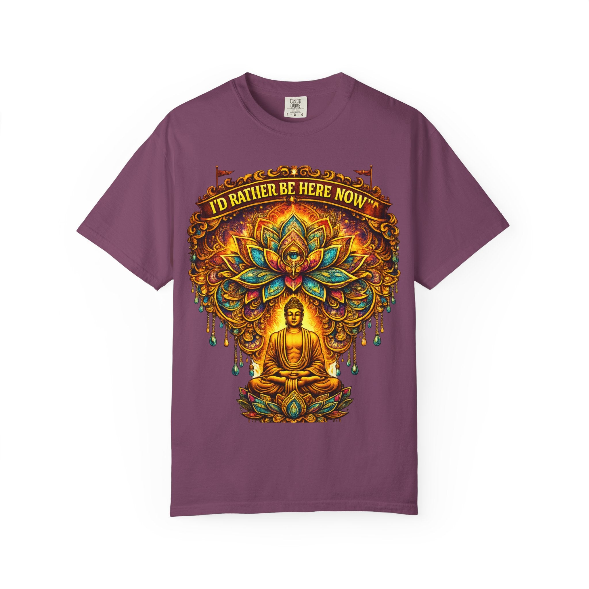 Buddha Lotus Mandala Tee — I’D RATHER BE HERE NOW™ A bold reminder to return to the present moment. This premium tee features a vibrant Buddha + Lotus Mandala design with full-front impact — created...
