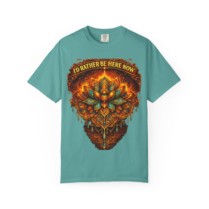 T-Shirt — 'I'd Rather Be Here Now' Floral Mandala Graphic Tee