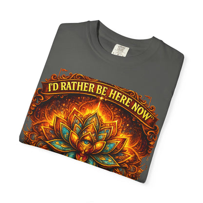 T-Shirt — 'I'd Rather Be Here Now' Floral Mandala Graphic Tee