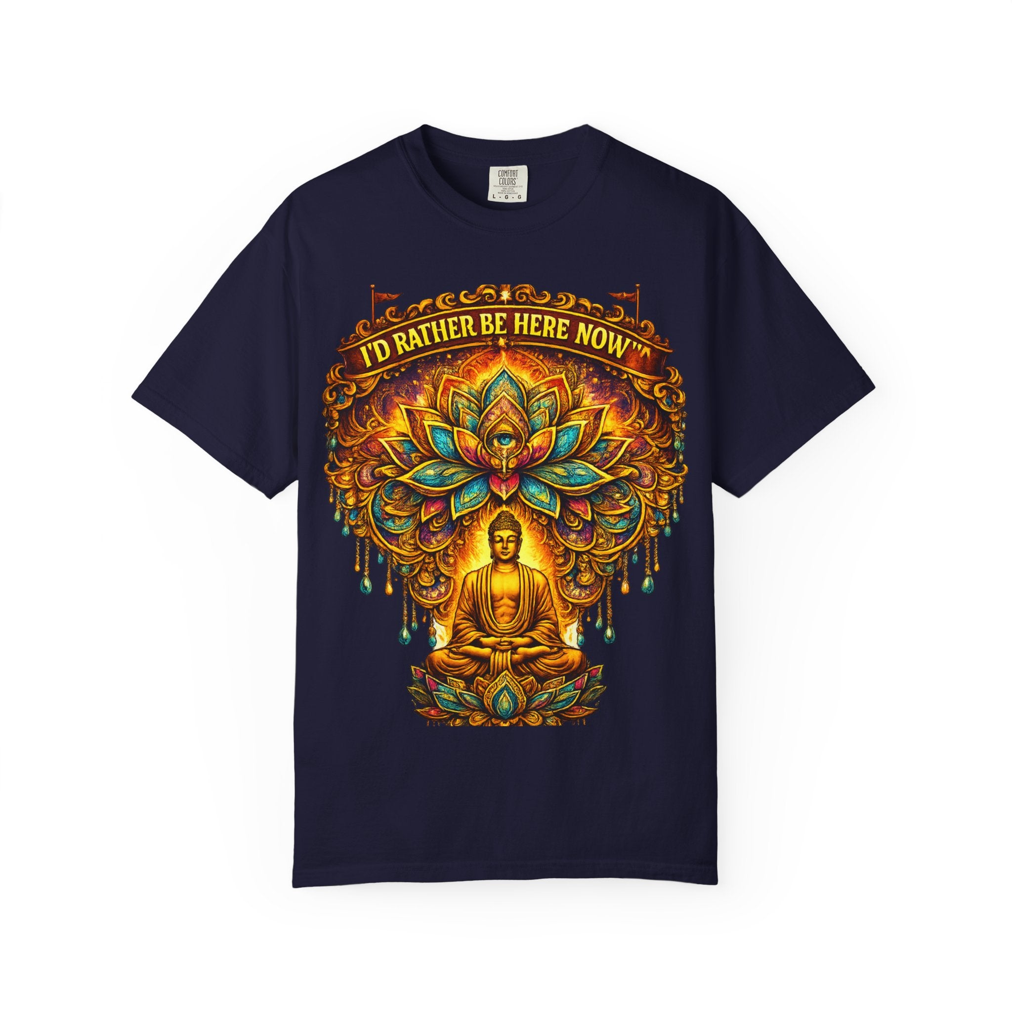 Buddha Lotus Mandala Tee — I’D RATHER BE HERE NOW™ A bold reminder to return to the present moment. This premium tee features a vibrant Buddha + Lotus Mandala design with full-front impact — created...