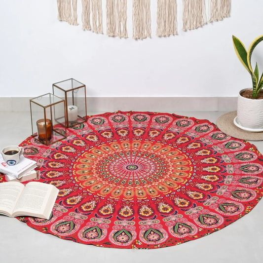 RAJRANG Mandala Tapestry Roundie 48 Inch Golden Red Hippie Decorative Trippy Tapestries Bohemian Boho Bedding Indian Handmade Pure Cotton Beach Towel