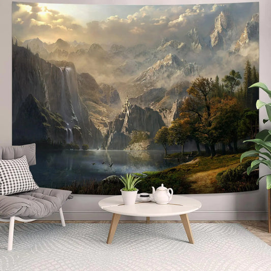 kampdream Fantasy World Tapestry Mountain Forest Lake Landscape Tapestries Wilderness Sunshine Nature Waterfall Tapestry for Bedroom Living Room Warm 36×48 inch