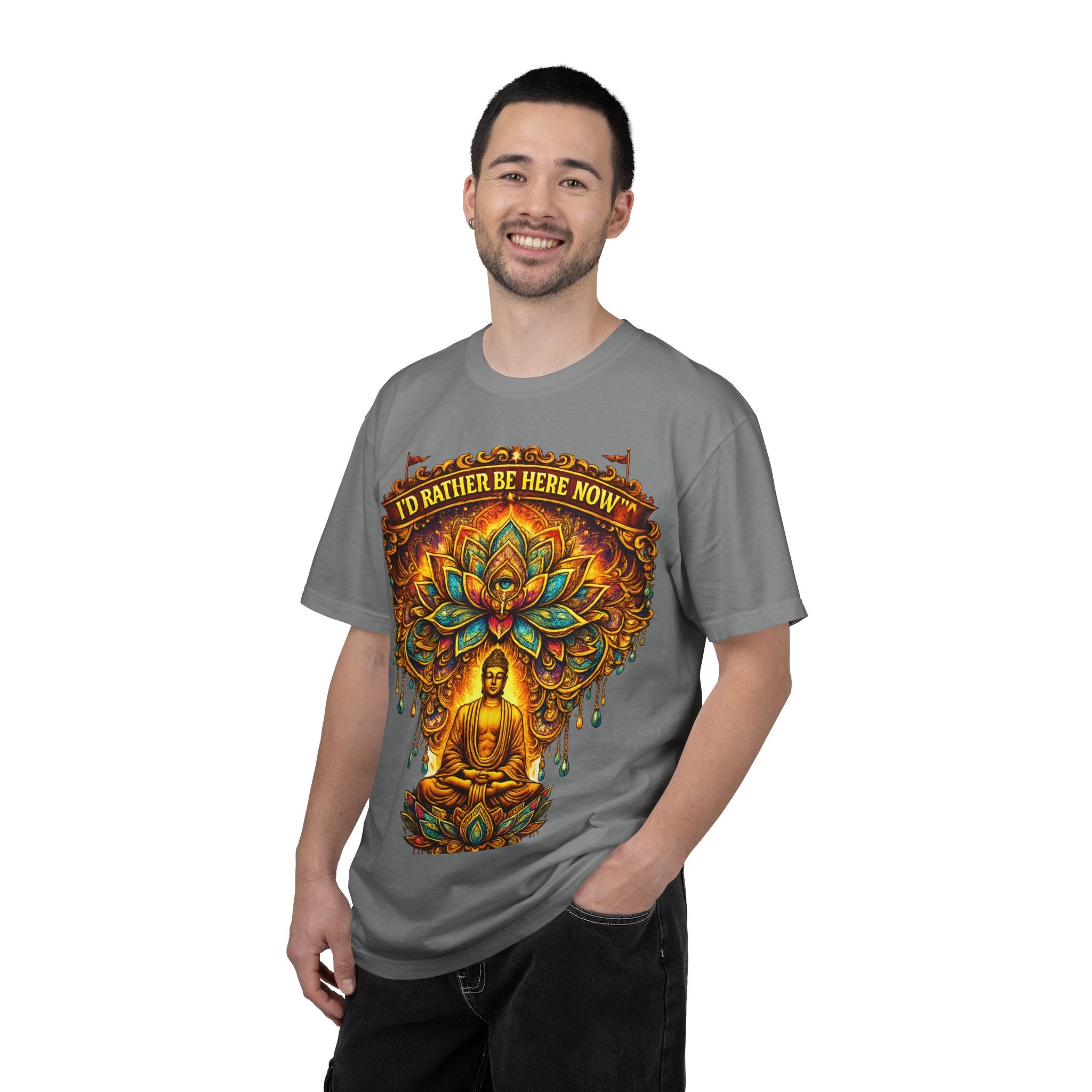 Buddha Lotus Mandala Tee — I’D RATHER BE HERE NOW™ A bold reminder to return to the present moment. This premium tee features a vibrant Buddha + Lotus Mandala design with full-front impact — created...