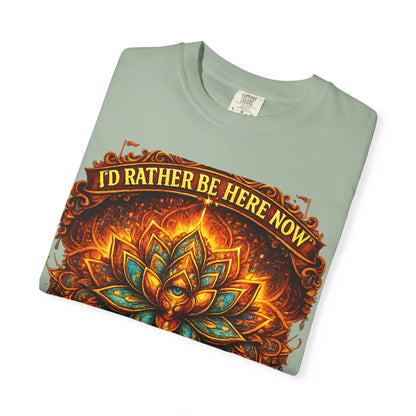T-Shirt — 'I'd Rather Be Here Now' Floral Mandala Graphic Tee