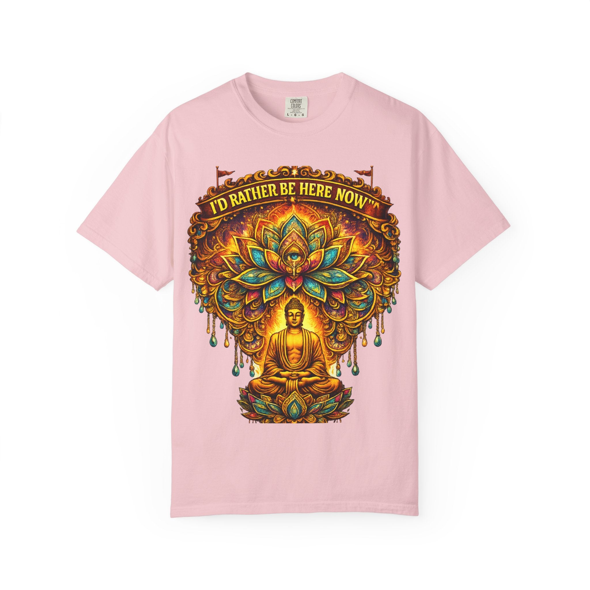 Buddha Lotus Mandala Tee — I’D RATHER BE HERE NOW™ A bold reminder to return to the present moment. This premium tee features a vibrant Buddha + Lotus Mandala design with full-front impact — created...