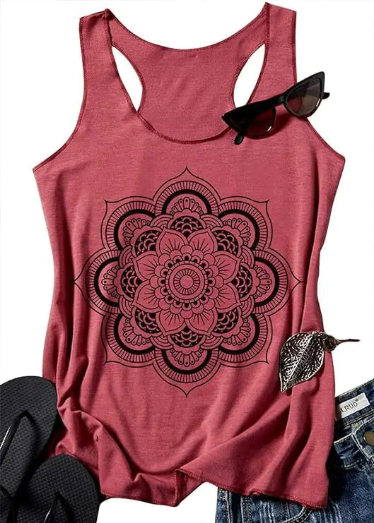 Mandala Lotus Tank Top for Women Vintage Graphic Sleeveless Printed Tank Tops Summe Casual Loose Tanks Vest Cami(ARed1L)