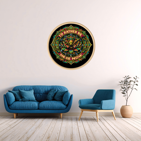 Mandala Wall Clock – “I'd Rather Be Here Now” Decorative Boho Clock